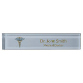 素晴らしプロフェッショナルメディカルライトブルー金ゴールドカドゥセウス デスクネームプレート (正面)