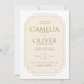 素晴らしベージュ金ゴールドモノクロ結婚ズ 招待状 (正面)