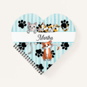 素晴らし子猫と足、青いストライプのハート ノートブック (正面)