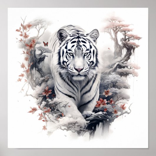 素晴らし日本のスタイルアートホワイトタイガープリント ポスター (正面)