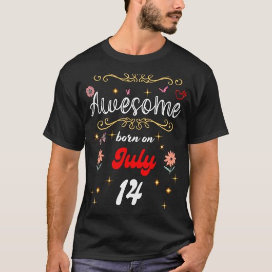 素晴らし生まれ月14日バースデーフラワーズ&バターフ Tシャツ (正面)
