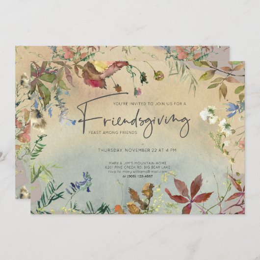 素晴らし秋 |水彩のフレンドリーなごちそう 招待状 (正面/裏面)