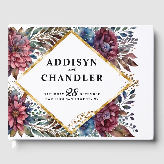 素晴らし精巧な宝石の色をした牡丹結婚の ゲストブック (正面)