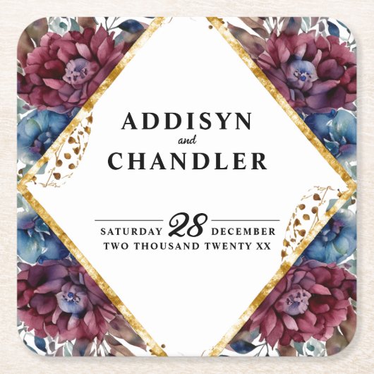 素晴らし精巧な宝石の色をした牡丹結婚の スクエアペーパーコースター (正面)