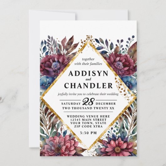 素晴らし精巧な宝石の色をした牡丹結婚の 招待状 (正面)