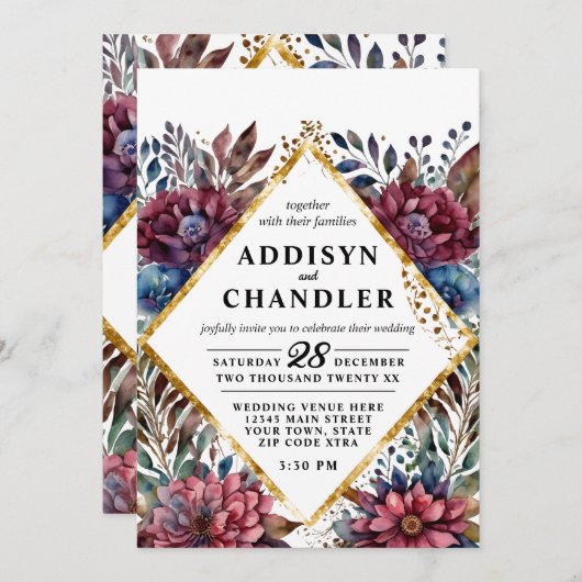 素晴らし精巧な宝石の色をした牡丹結婚の 招待状 (正面/裏面)