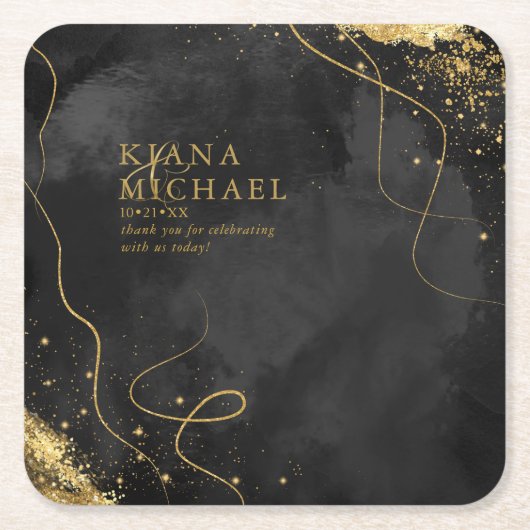 素晴らし線金ゴールド結婚抽象芸術V1黒ID867 スクエアペーパーコースター (正面)