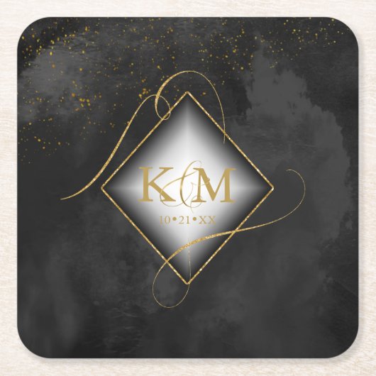 素晴らし線金ゴールド結婚抽象芸術V2 Black ID867 スクエアペーパーコースター (正面)