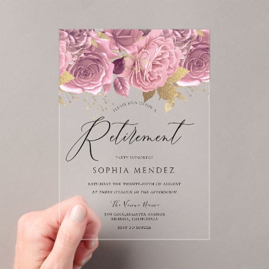 素晴らし赤面ピンクフローラ金ゴールド退職パーティー アクリル招待状 (インサイチュ (ポータブル))