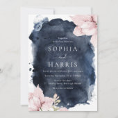 素晴らし赤面フローラネイビー結婚スプラッシュ 招待状 (正面)