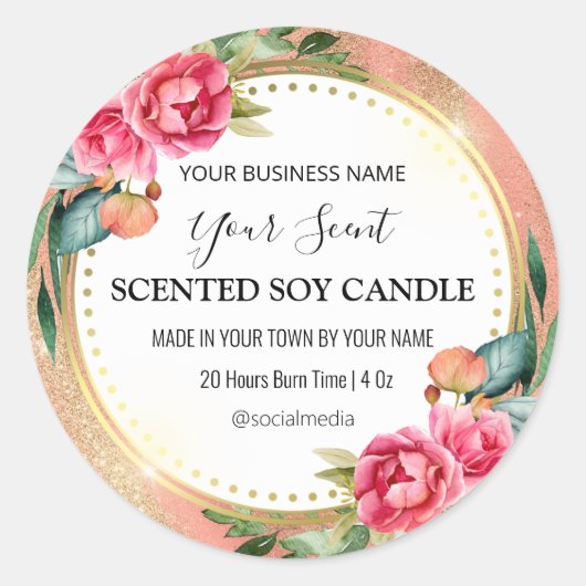 素晴らし金ゴールドグリッターヴィンテージバラSoy Candleラベル ラウンドシール (正面)