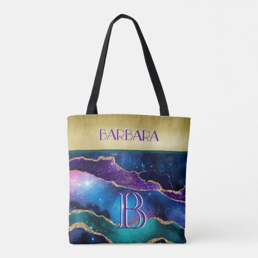 素晴らし金ゴールドパープルティール(緑がかった色)モノグラム名 トートバッグ (裏面)