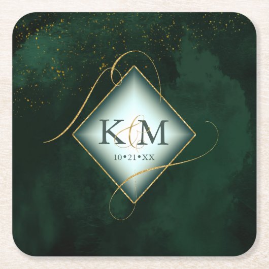 素晴らし金ゴールド抽象芸術結婚のV2 Emerald ID867を行う スクエアペーパーコースター (正面)