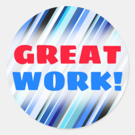 "素晴らしWORK!" +様々な青い色のストライプ ラウンドシール