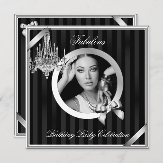 素晴らエレガントしいシャンデリア銀黒写真 招待状 (正面/裏面)