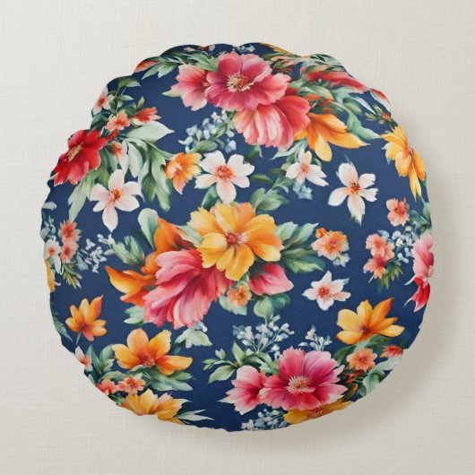 素晴イタリアンらしい夏の明るい花柄 ラウンドクッション (正面)