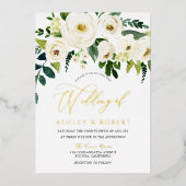 素晴結婚らしい:白い咲き花ゴールデン 箔招待状 (正面)