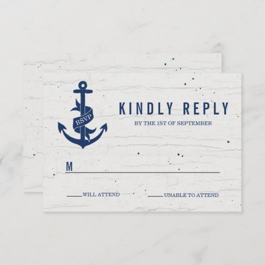 素朴いかりウェディングRSVPカード/ネイビー 出欠カード (正面/裏面)