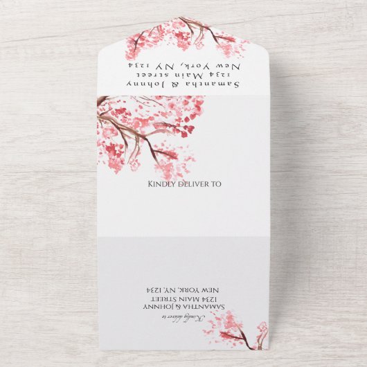 素朴さくらんぼ花日本のピンク花桜 オールインワン招待状 (外側)