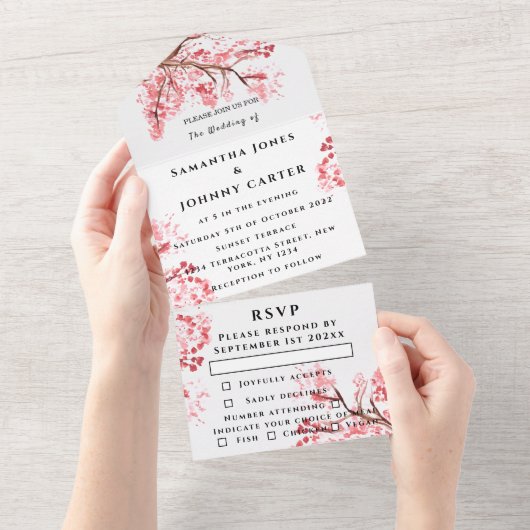 素朴さくらんぼ花日本のピンク花桜 オールインワン招待状 (貼ってはがせる)