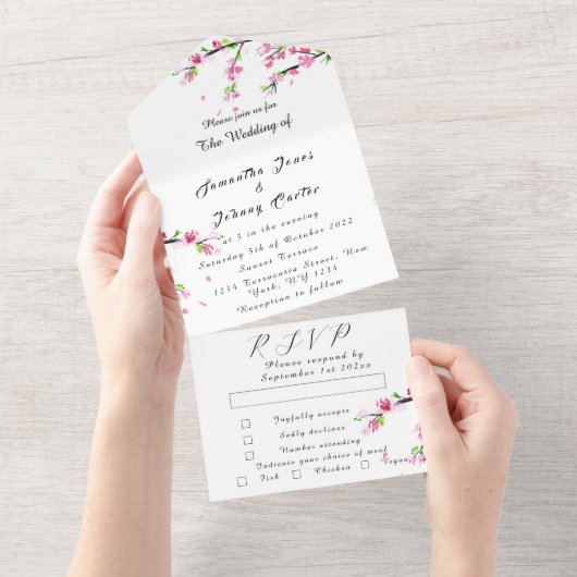 素朴さくらんぼ花日本のピンク花桜 オールインワン招待状 (貼ってはがせる)