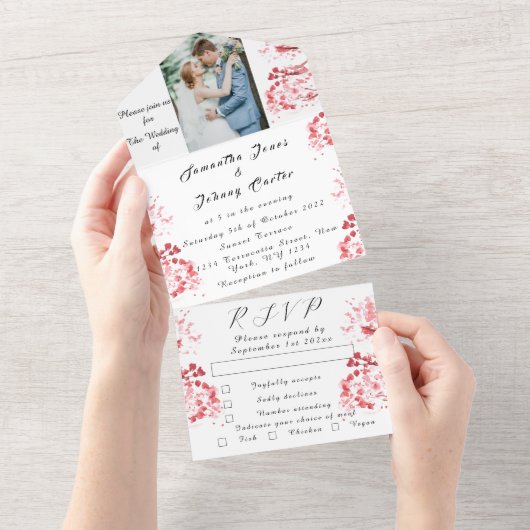 素朴さくらんぼ花日本のピンク花桜 オールインワン招待状 (貼ってはがせる)