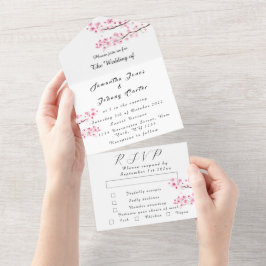 素朴さくらんぼ花日本のピンク花桜 オールインワン招待状