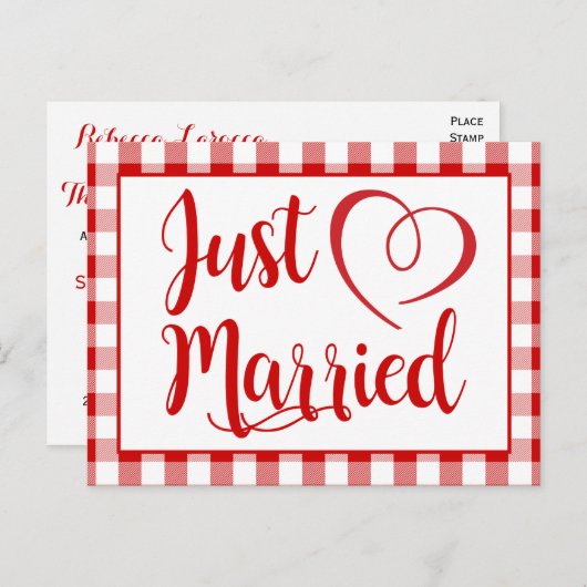素朴たった今結婚しましたレッドジンガム結婚チェック 案内ポストカード (正面/裏面)