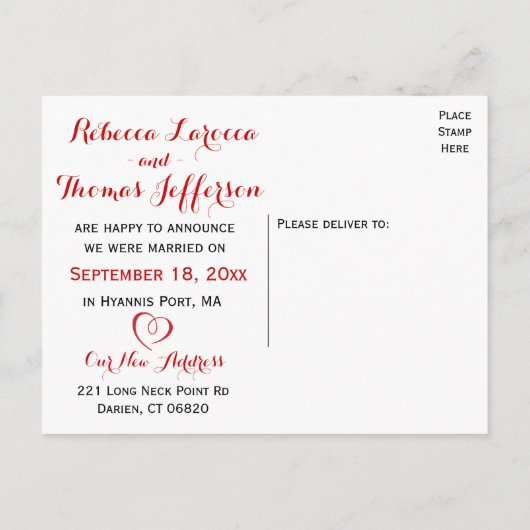 素朴たった今結婚しましたレッドジンガム結婚チェック 案内ポストカード (裏面)