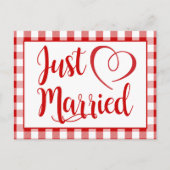 素朴たった今結婚しましたレッドジンガム結婚チェック 案内ポストカード (正面)