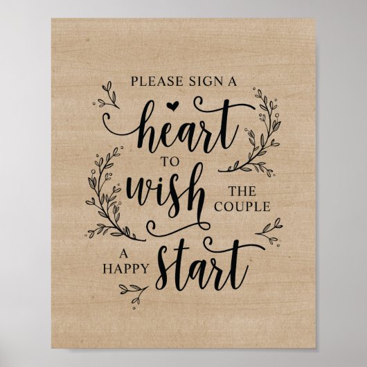 素朴つる植物の結婚ゲストブックハートの看板ポスター ポスター (正面)