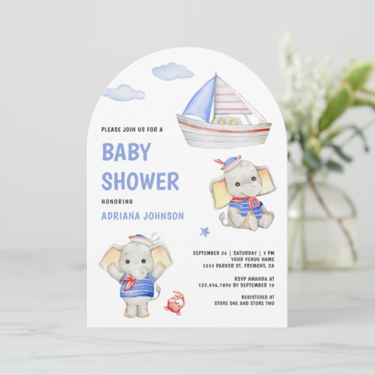 素朴でかわいいゾウの海の船の赤ちゃんのお披露目パーティー 招待状 (スタンド正面)