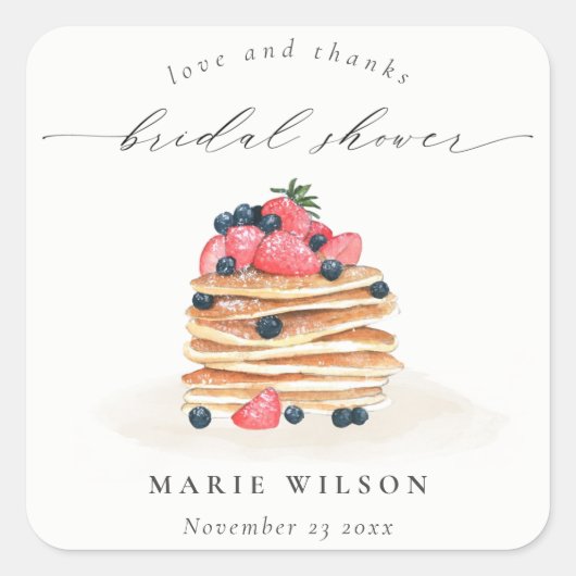 素朴でかわいいフルーツパンケーキの水彩画を使ったウェディングシャワー スクエアシール (正面)