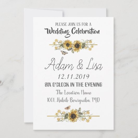 素朴でエレガントなひまわりと蝶のウェディング 招待状 (正面)