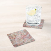素朴でエレガントなピンクのコラージュの花柄のタイポグラフィ スクエアペーパーコースター (インサイチュ)