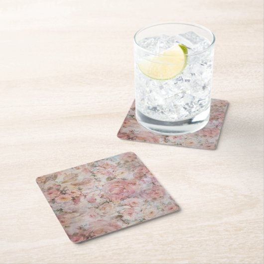 素朴でエレガントなピンクのコラージュの花柄のタイポグラフィ スクエアペーパーコースター (インサイチュ)