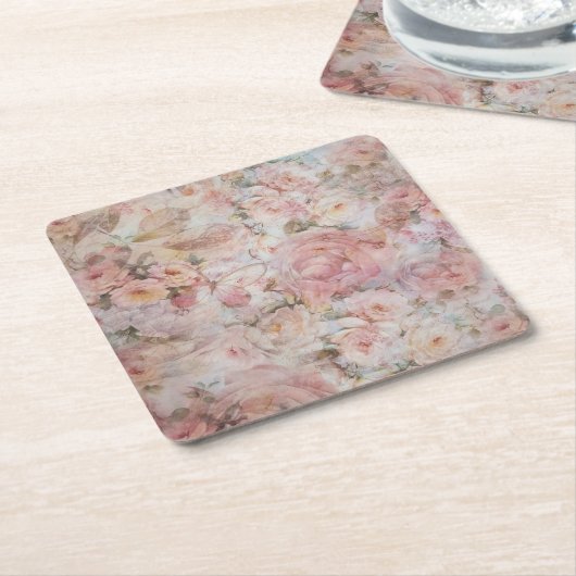 素朴でエレガントなピンクのコラージュの花柄のタイポグラフィ スクエアペーパーコースター (アングル)