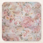素朴でエレガントなピンクのコラージュの花柄のタイポグラフィ スクエアペーパーコースター (正面)