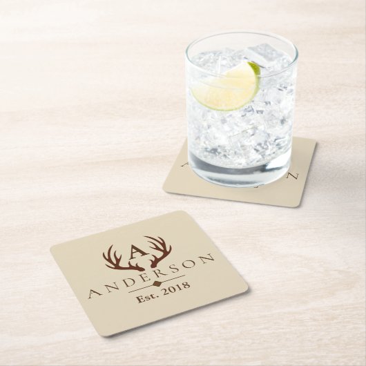 素朴でエレガントなブラウンのシカの(雄ジカの)枝角及び姓 スクエアペーパーコースター (インサイチュ)