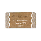 素朴でシックなバーラップおよびレースの国の結婚式 ラベル (正面)