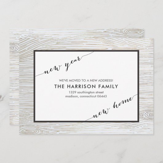 素朴でシックな金ゴールドの木製の移動発表 案内状 (正面/裏面)