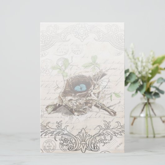 素朴でシックフランスのな田舎の植物性の鳥の巣 便箋 (スタンド正面)