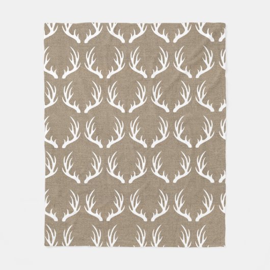 素朴でフェイクなバーラップ及び白いシカの(雄ジカの)枝角 フリースブランケット (正面)
