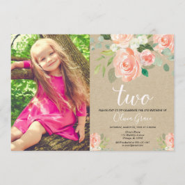 素朴でモダンなクラフトの第2誕生日の女の子のモモの珊瑚 招待状