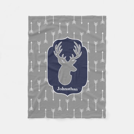 素朴でモダンな灰色のシカ及び白い矢 フリースブランケット (正面)