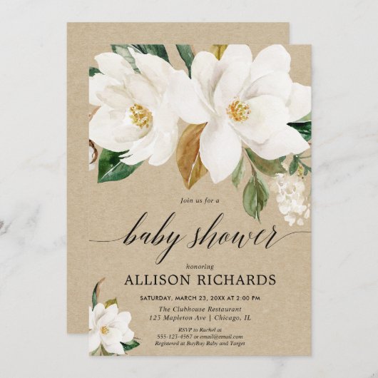 素朴で男女兼用なマグノリアの花のベビーシャワー 招待状 (正面/裏面)