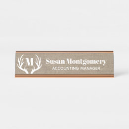 素朴で白いシカの(雄ジカの)枝角ののどのバーラップ デスクネームプレート