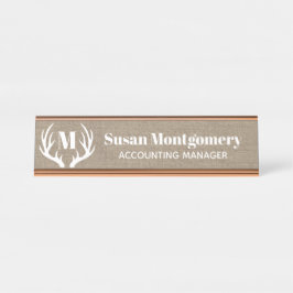 素朴で白いシカの(雄ジカの)枝角ののどのバーラップ デスクネームプレート