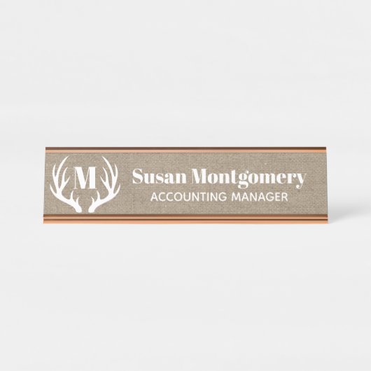素朴で白いシカの(雄ジカの)枝角ののどのバーラップ デスクネームプレート (正面)