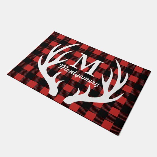 素朴で白いシカの(雄ジカの)枝角のバッファローの点検の格子縞 ドアマット (アングル)